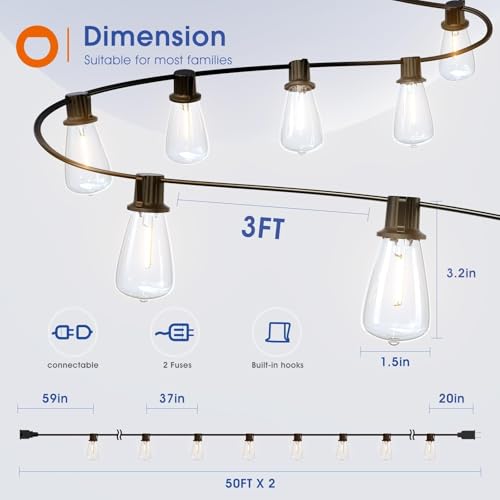 addlon 100FT(50FT*2) LED Outdoor String Lights Waterproof Patio Lights with 32 Shatterproof ST38 Replaceable Bulbs(2 Spare), Dimmable Outside Hanging Lights Connectable for Porch, Backyard, 2200K