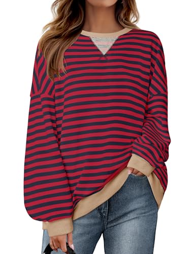 ZESICA Womens Casual Striped Pullover Tops Long Sleeve Shirts Crewneck Oversized Sweatshirts 2024 Fall Clothes