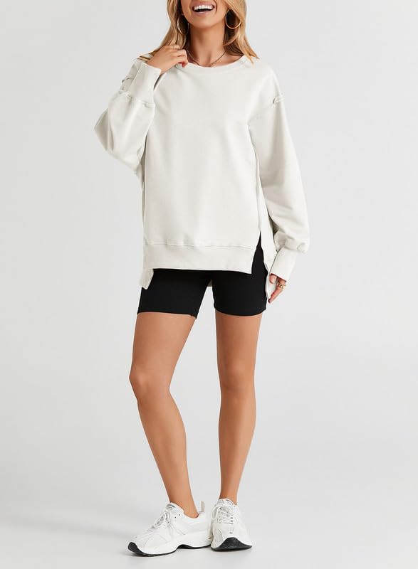 SHEWIN Womens Oversized Reverse Seam Sweatshirt Casual Long Sleeve Crewneck Lightweight Pullover Tops Loose Sweatshirts