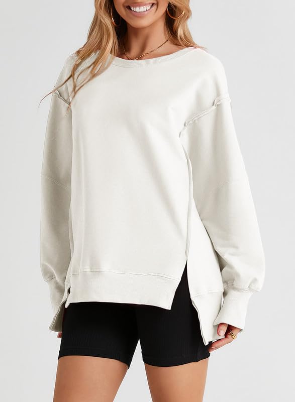 SHEWIN Womens Oversized Reverse Seam Sweatshirt Casual Long Sleeve Crewneck Lightweight Pullover Tops Loose Sweatshirts