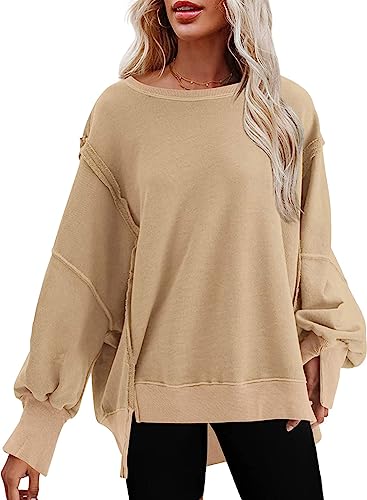 SHEWIN Womens Oversized Reverse Seam Sweatshirt Casual Long Sleeve Crewneck Lightweight Pullover Tops Loose Sweatshirts