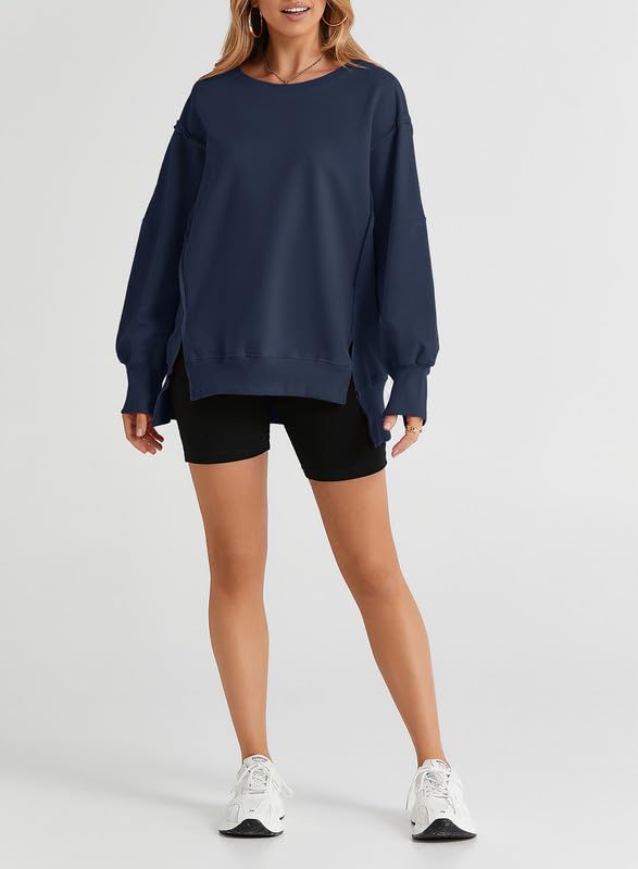 SHEWIN Womens Oversized Reverse Seam Sweatshirt Casual Long Sleeve Crewneck Lightweight Pullover Tops Loose Sweatshirts