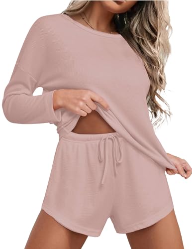 Ekouaer Womens Waffle Knit Pajama Sets Long Sleeve Top and Shorts Matching Lounge Set Loungewear Sweatsuit with Pockets