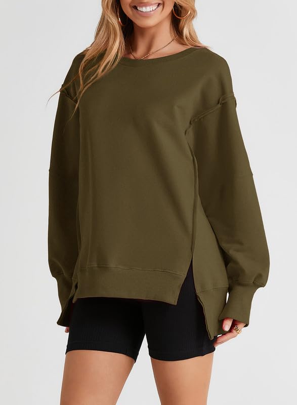 SHEWIN Womens Oversized Reverse Seam Sweatshirt Casual Long Sleeve Crewneck Lightweight Pullover Tops Loose Sweatshirts