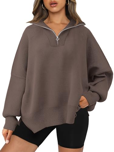 LILLUSORY Women's Oversized Sweaters 2024 Fall Trendy Zipper Collared Sweatshirts Drop Shoulder Tunic Knit Pullover Tops