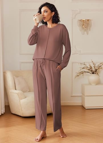 Ekouaer Pajama Sets for Women 2 Piece Lounge Sets Long Sleeve Sleepwear Top and Pants Cozy Pjs Loungewear with Pockets S-XXL