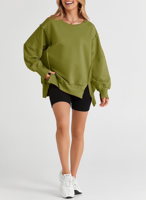 SHEWIN Womens Oversized Reverse Seam Sweatshirt Casual Long Sleeve Crewneck Lightweight Pullover Tops Loose Sweatshirts