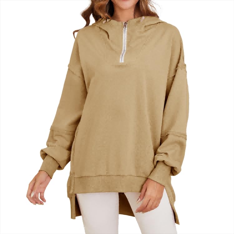 Women’s Quarter Zip Hoodies Long Sleeve Side Slit Sweatshirts Loose Drop Shoulder Drawstring Hooded Pullover Top