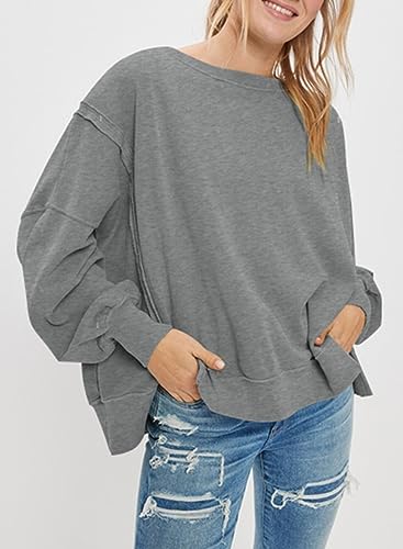 SHEWIN Womens Oversized Reverse Seam Sweatshirt Casual Long Sleeve Crewneck Lightweight Pullover Tops Loose Sweatshirts