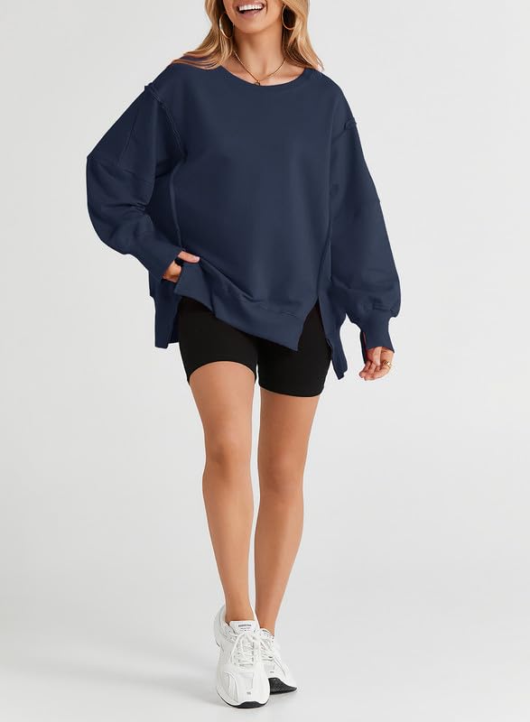 SHEWIN Womens Oversized Reverse Seam Sweatshirt Casual Long Sleeve Crewneck Lightweight Pullover Tops Loose Sweatshirts