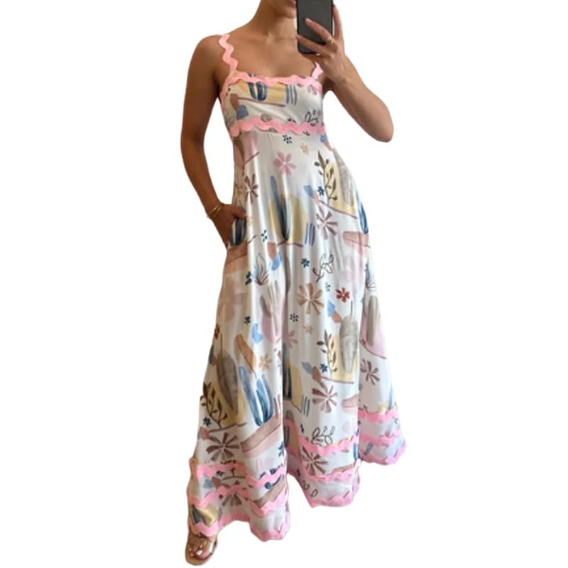 ROAONOCOMO Women Boho Graffiti Cami Long Dress Graphic Spaghetti Strap Flowy Swing Maxi Dress Colorful A Line Sundress