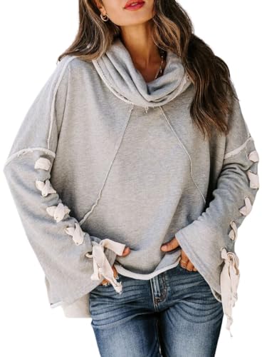 CHARTOU Women's Slouchy Hoodie Oversized Lace Up Flared Sleeve Stacked Cowl Collar Sweatshirt Tops