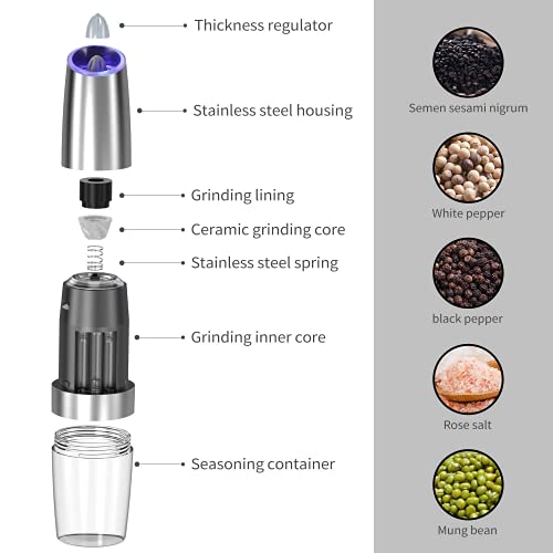 Electric Salt and Pepper Grinder set of 2, Automatic Salt and Pepper Mill Grinder, Adjustable Roughness, Battery Powered with Blue LED Light, Stainless Steel with One Hand Operation (Sliver)