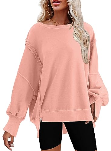 SHEWIN Womens Oversized Reverse Seam Sweatshirt Casual Long Sleeve Crewneck Lightweight Pullover Tops Loose Sweatshirts