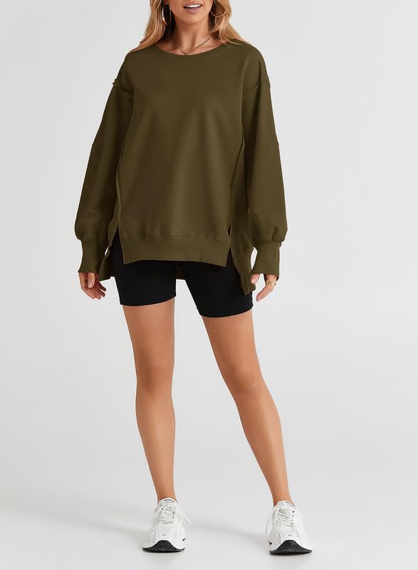 SHEWIN Womens Oversized Reverse Seam Sweatshirt Casual Long Sleeve Crewneck Lightweight Pullover Tops Loose Sweatshirts