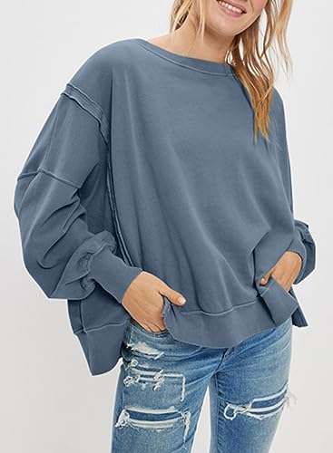 SHEWIN Womens Oversized Reverse Seam Sweatshirt Casual Long Sleeve Crewneck Lightweight Pullover Tops Loose Sweatshirts