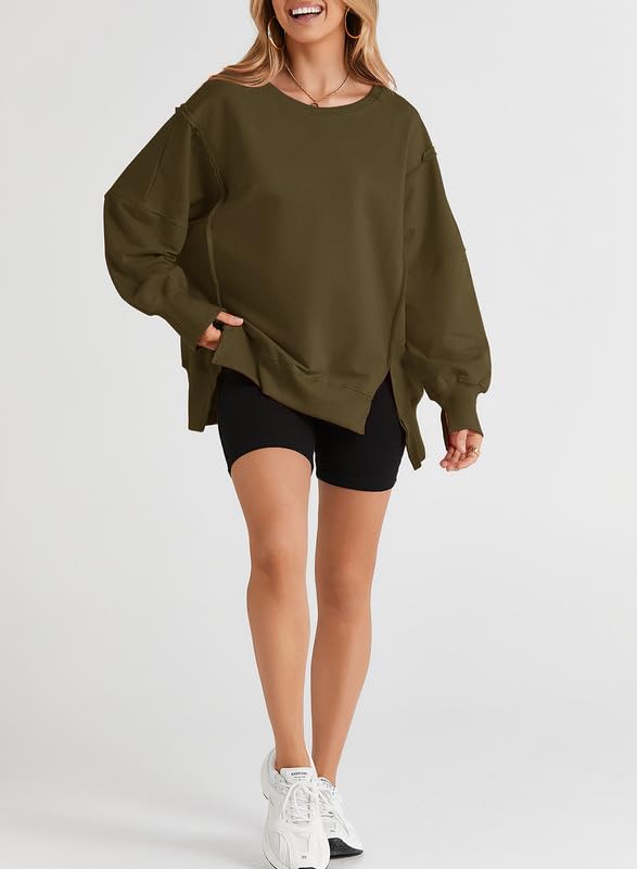 SHEWIN Womens Oversized Reverse Seam Sweatshirt Casual Long Sleeve Crewneck Lightweight Pullover Tops Loose Sweatshirts