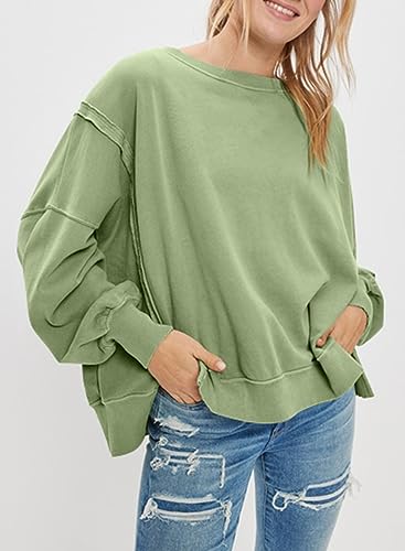 SHEWIN Womens Oversized Reverse Seam Sweatshirt Casual Long Sleeve Crewneck Lightweight Pullover Tops Loose Sweatshirts