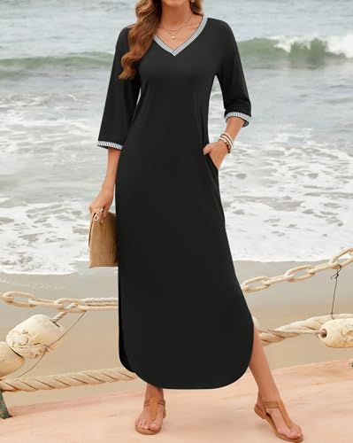 ZESICA Womens Dresses 2024 Causal 3/4 Sleeve V Neck Loose Fit Split Beach Long Maxi Dress with Pockets