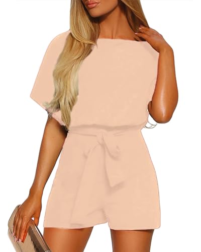 Vetinee Womens Summer Belted Romper Keyhole Back Short Sleeve Jumpsuit Playsuit