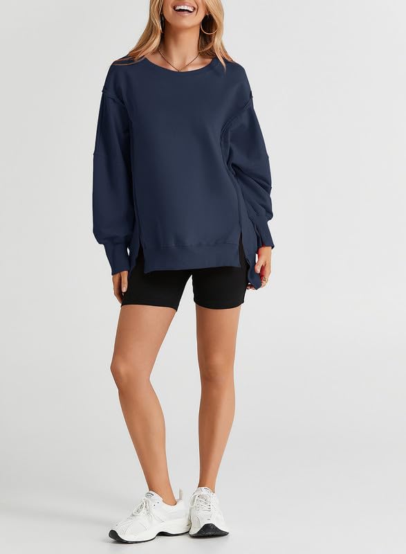SHEWIN Womens Oversized Reverse Seam Sweatshirt Casual Long Sleeve Crewneck Lightweight Pullover Tops Loose Sweatshirts