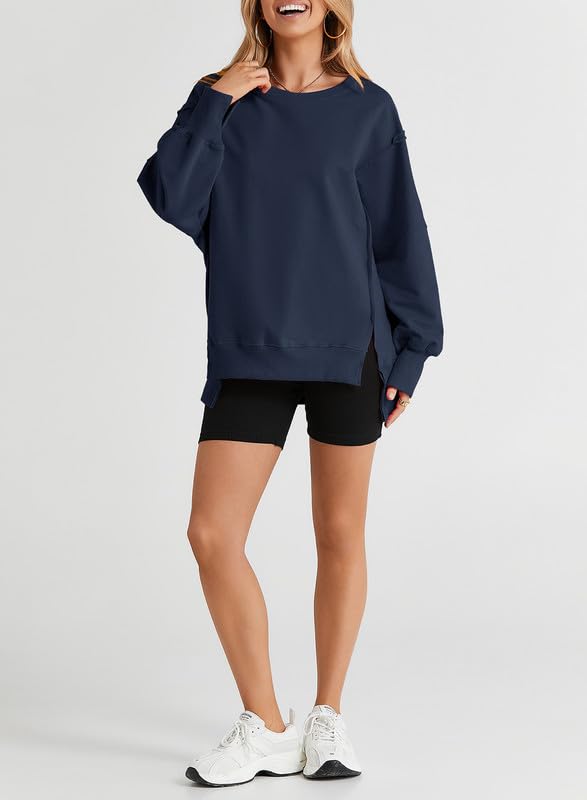 SHEWIN Womens Oversized Reverse Seam Sweatshirt Casual Long Sleeve Crewneck Lightweight Pullover Tops Loose Sweatshirts