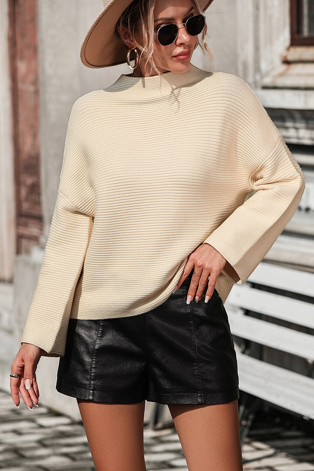 Mock Neck Dropped Shoulder Pullover Sweater