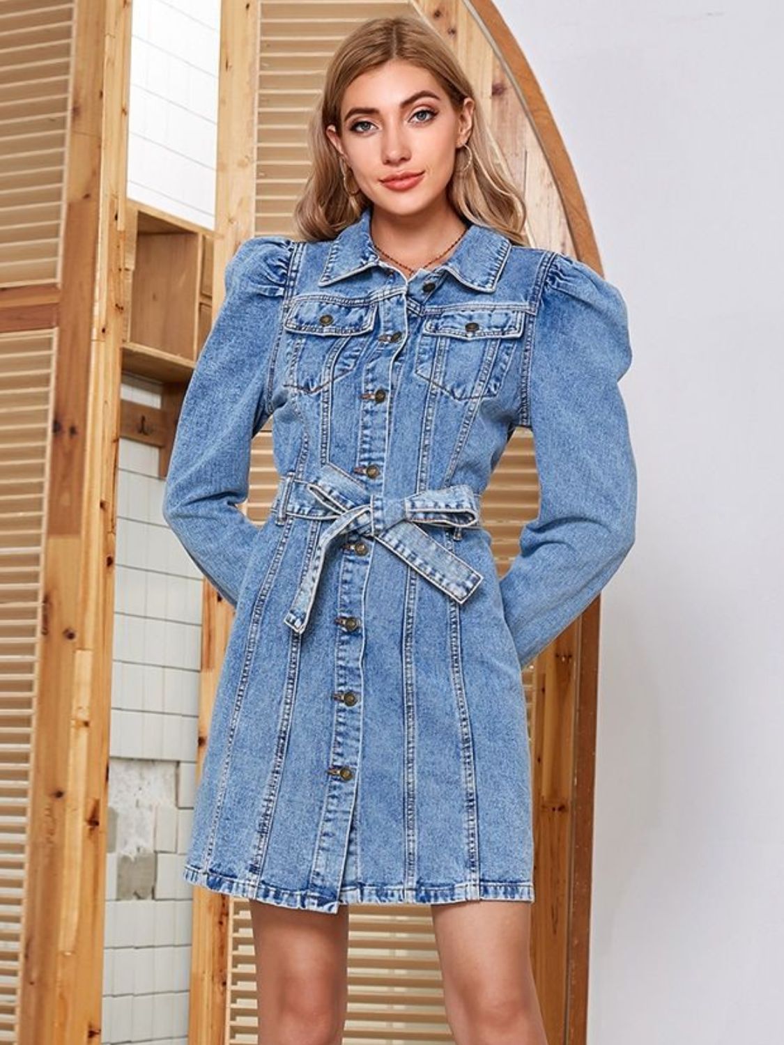 Tied Button Up Collared Neck Denim Dress