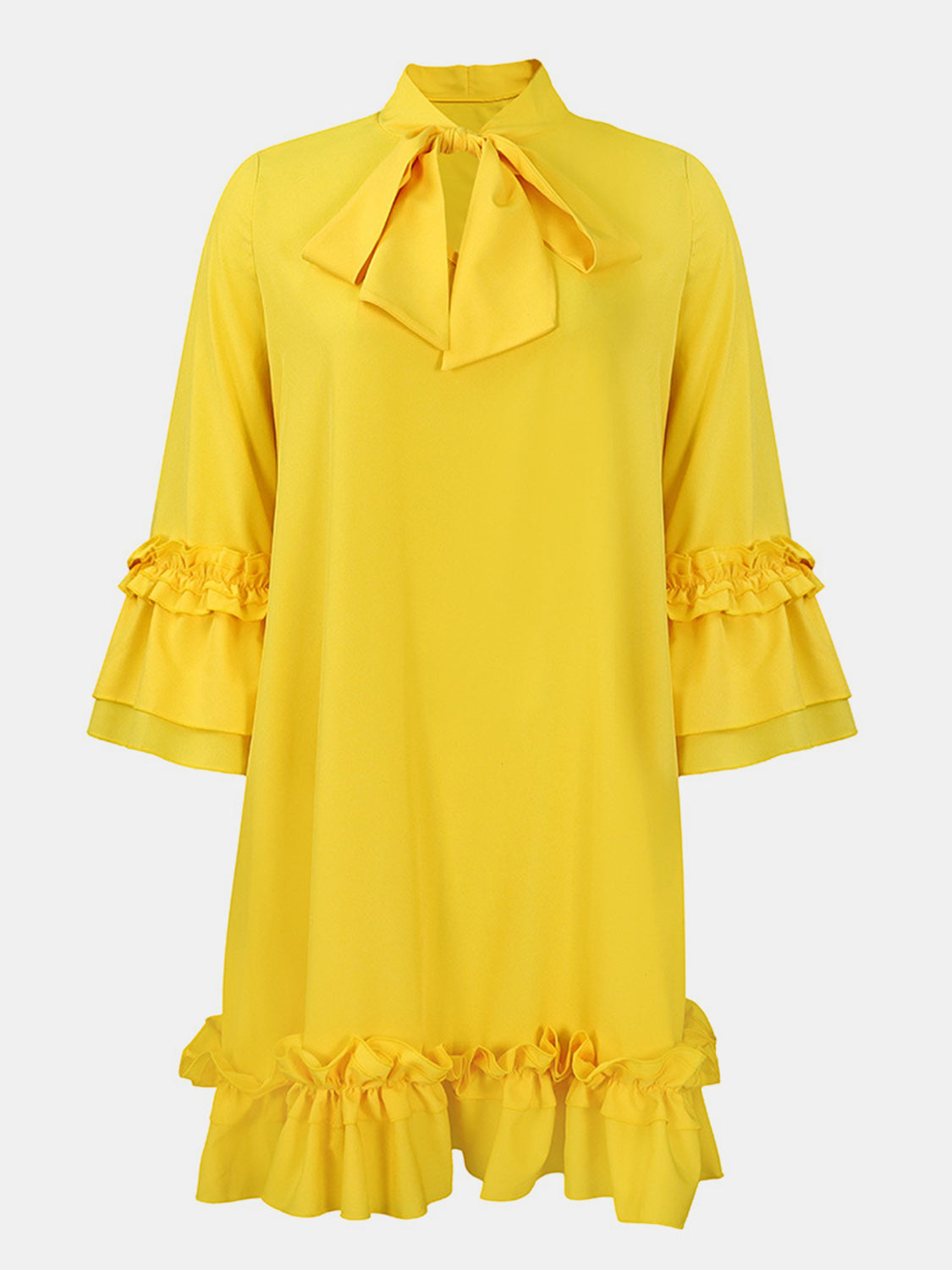 Frill Tie Neck Three-Quarter Sleeve Dress