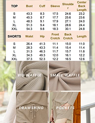 Ekouaer Womens Waffle Knit Pajama Sets Long Sleeve Top and Shorts Matching Lounge Set Loungewear Sweatsuit with Pockets