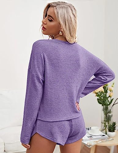 Ekouaer Womens Waffle Knit Pajama Sets Long Sleeve Top and Shorts Matching Lounge Set Loungewear Sweatsuit with Pockets