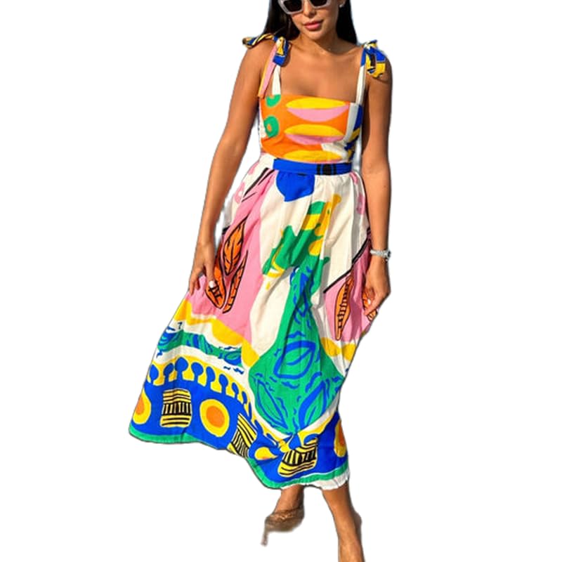 ROAONOCOMO Women Boho Graffiti Cami Long Dress Graphic Spaghetti Strap Flowy Swing Maxi Dress Colorful A Line Sundress