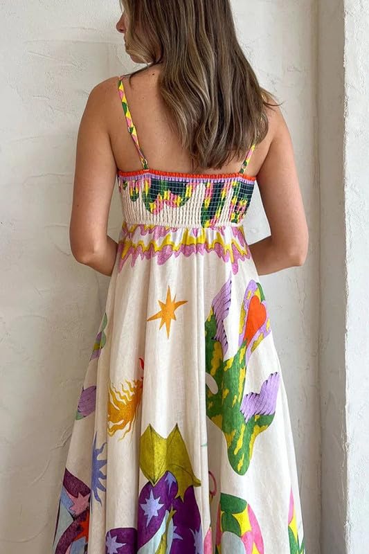 ROAONOCOMO Women Boho Graffiti Cami Long Dress Graphic Spaghetti Strap Flowy Swing Maxi Dress Colorful A Line Sundress