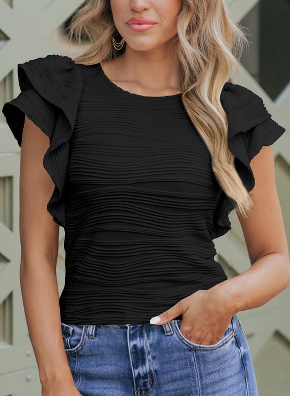 SHEWIN Womens Tops Casual Crewneck Ruffle Short Sleeve T Shirts Slim Fit Dressy Blouses