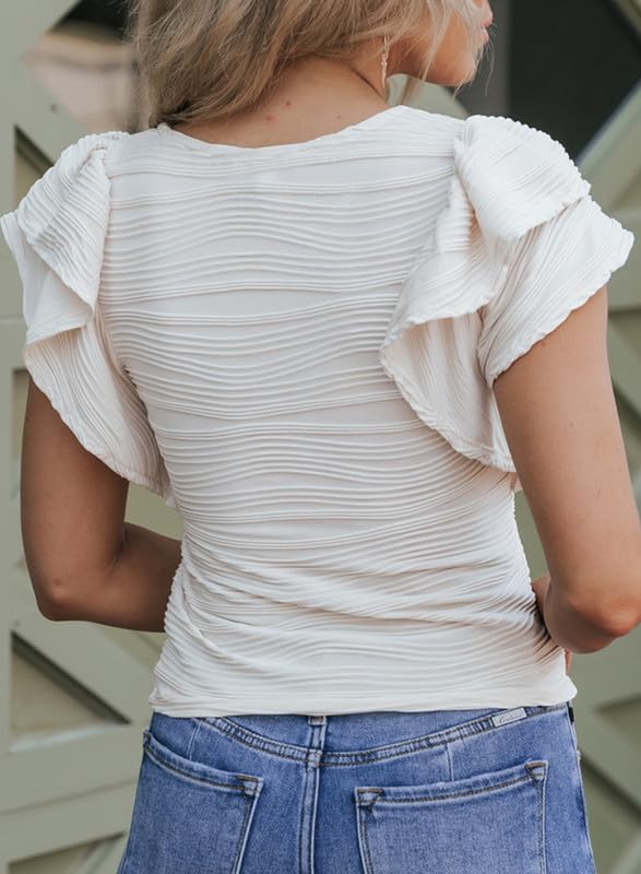 SHEWIN Womens Tops Casual Crewneck Ruffle Short Sleeve T Shirts Slim Fit Dressy Blouses