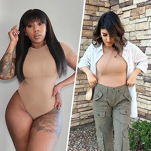 SHAPERX Women's Fit Everybody Bodysuit Soft Crew Neck T-shirt Body Suits with Thong Design
