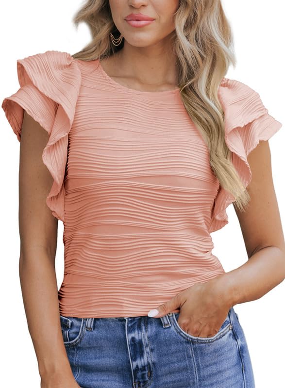SHEWIN Womens Tops Casual Crewneck Ruffle Short Sleeve T Shirts Slim Fit Dressy Blouses