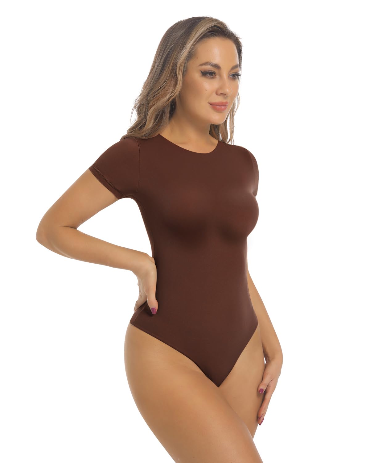 SHAPERX Women's Fit Everybody Bodysuit Soft Crew Neck T-shirt Body Suits with Thong Design