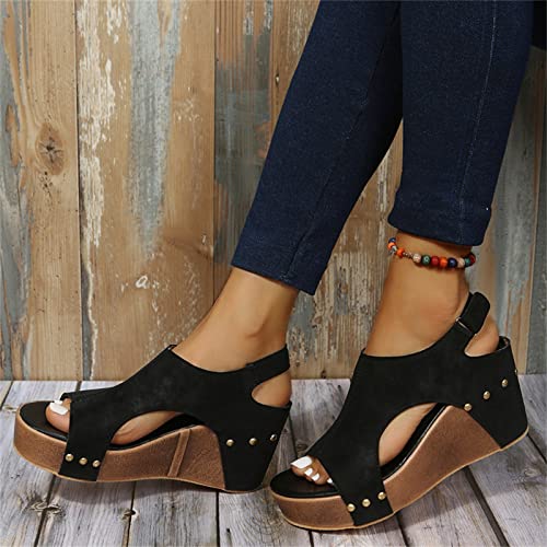 Wedge Sandals for Women Dressy Summer, Womens Open Toe Espadrilles Platform Sandals Buckle Ankle Strap Wedge Sandals Leather Sandals Casual Low Wedges Walking Strappy Slip on Sandals (A-Coffee, 9.5)