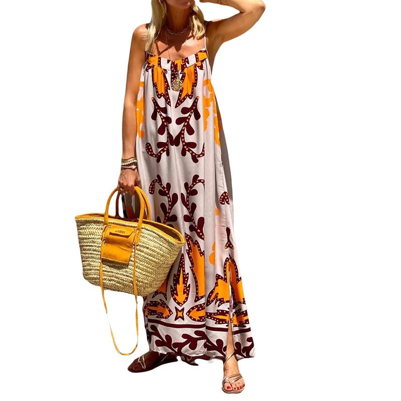 ROAONOCOMO Women Boho Graffiti Cami Long Dress Graphic Spaghetti Strap Flowy Swing Maxi Dress Colorful A Line Sundress