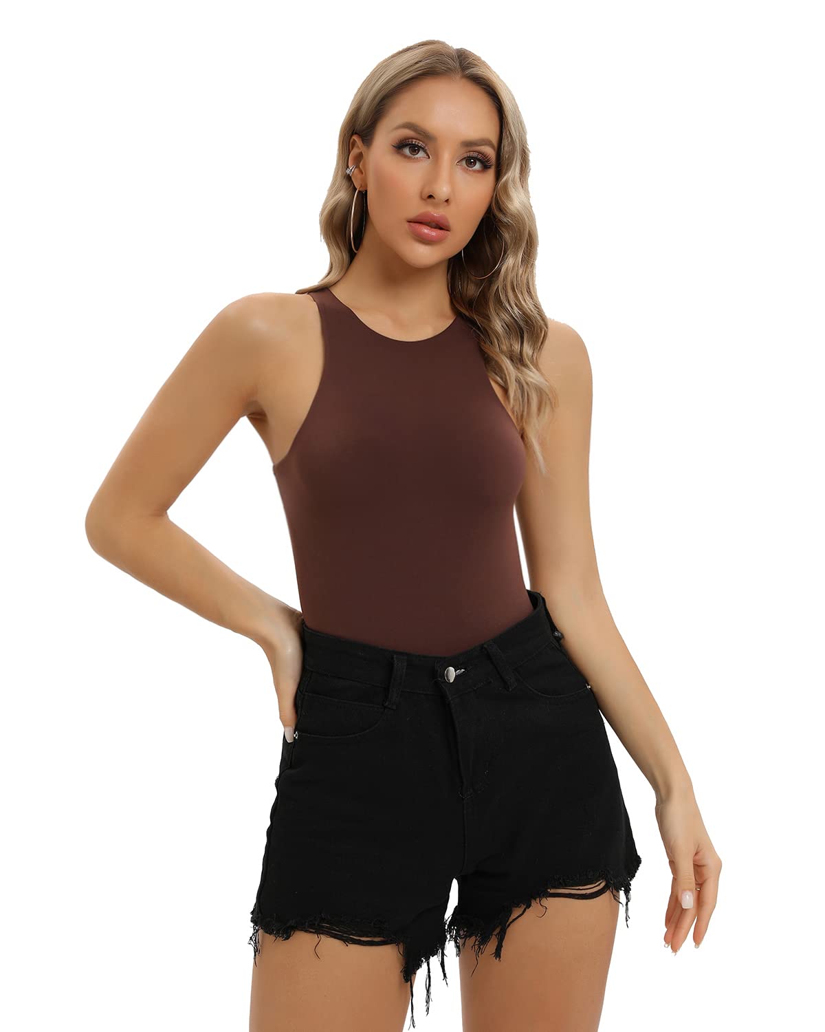SHAPERX Women's Fit Everybody Bodysuit Soft Crew Neck T-shirt Body Suits with Thong Design
