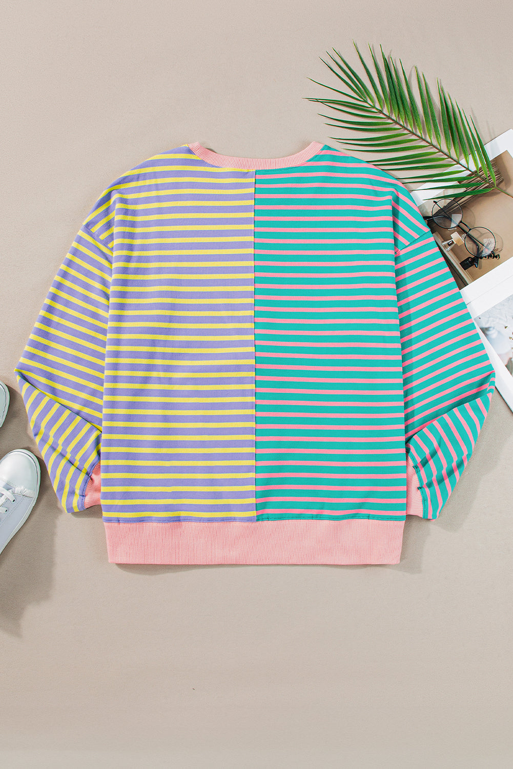 Green Stripe Casual Stripe Colorblock Drop Shoulder Oversize Sweatshirt