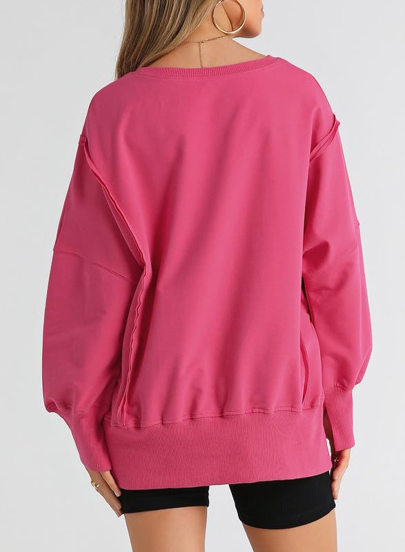 SHEWIN Womens Oversized Reverse Seam Sweatshirt Casual Long Sleeve Crewneck Lightweight Pullover Tops Loose Sweatshirts