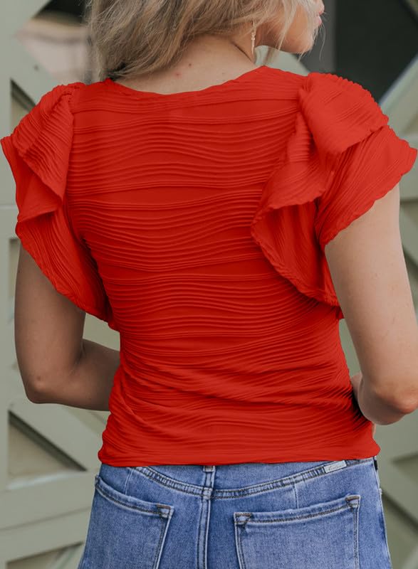 SHEWIN Womens Tops Casual Crewneck Ruffle Short Sleeve T Shirts Slim Fit Dressy Blouses