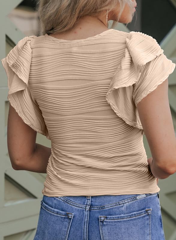 SHEWIN Womens Tops Casual Crewneck Ruffle Short Sleeve T Shirts Slim Fit Dressy Blouses