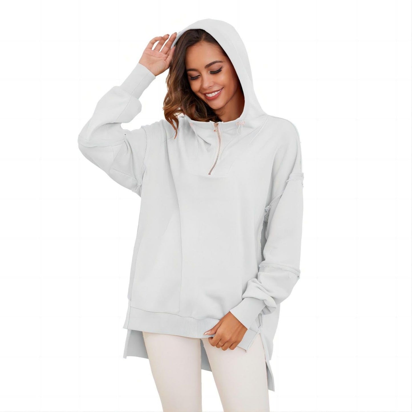 Women’s Quarter Zip Hoodies Long Sleeve Side Slit Sweatshirts Loose Drop Shoulder Drawstring Hooded Pullover Top