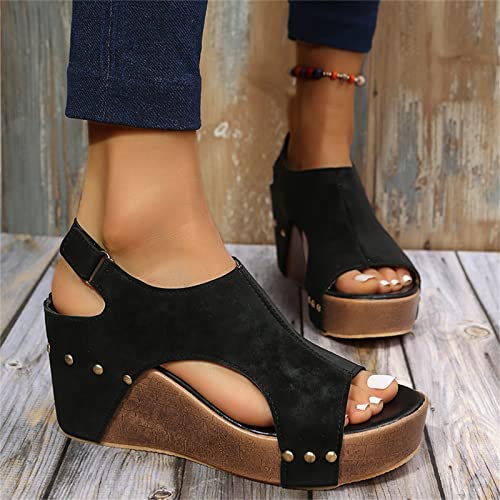 Wedge Sandals for Women Dressy Summer, Womens Open Toe Espadrilles Platform Sandals Buckle Ankle Strap Wedge Sandals Leather Sandals Casual Low Wedges Walking Strappy Slip on Sandals (A-Coffee, 9.5)