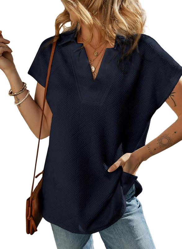 SHEWIN Women's Polo Shirts Casual Collared Short Sleeve Shirt Loose V Neck Tunic Tops