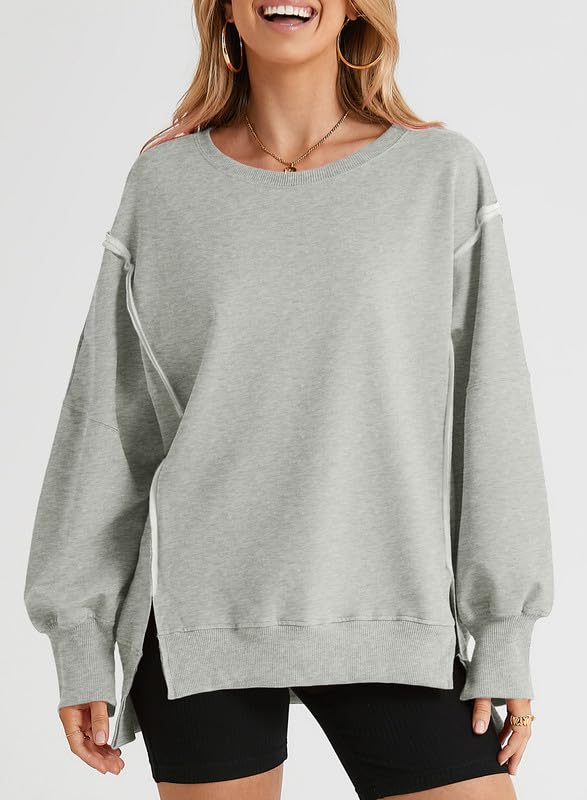 SHEWIN Womens Oversized Reverse Seam Sweatshirt Casual Long Sleeve Crewneck Lightweight Pullover Tops Loose Sweatshirts