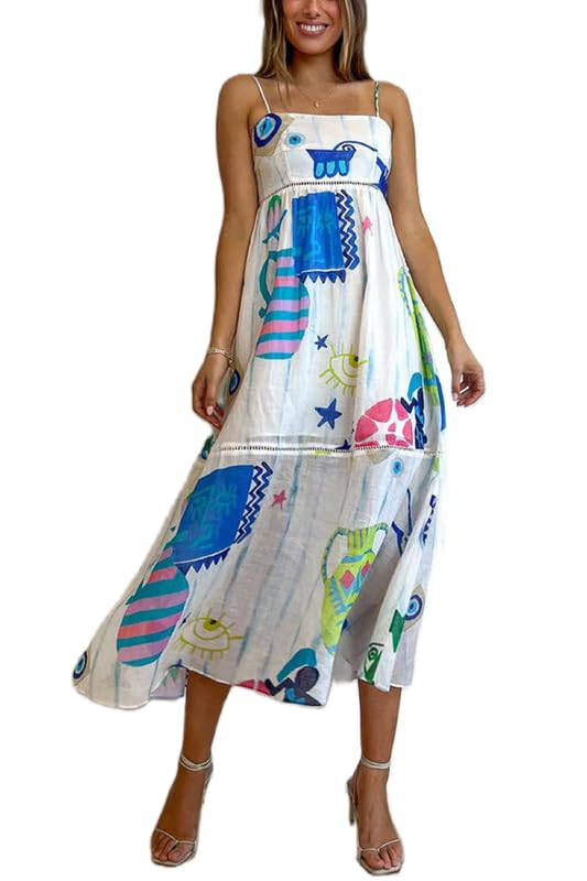 ROAONOCOMO Women Boho Graffiti Cami Long Dress Graphic Spaghetti Strap Flowy Swing Maxi Dress Colorful A Line Sundress